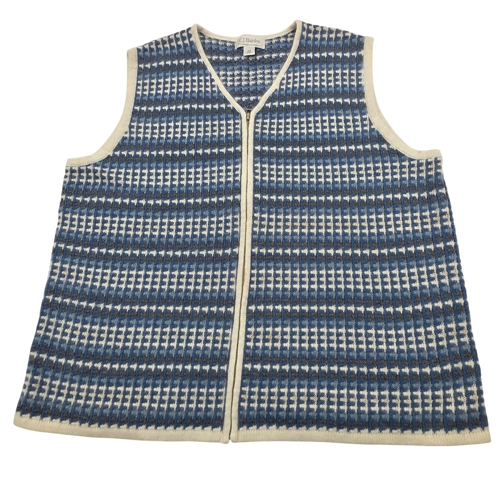 Y2K CJ Banks Sweater Vest Womens 2X Blue Geometric Zip Ramie Angora Preppy Quiet